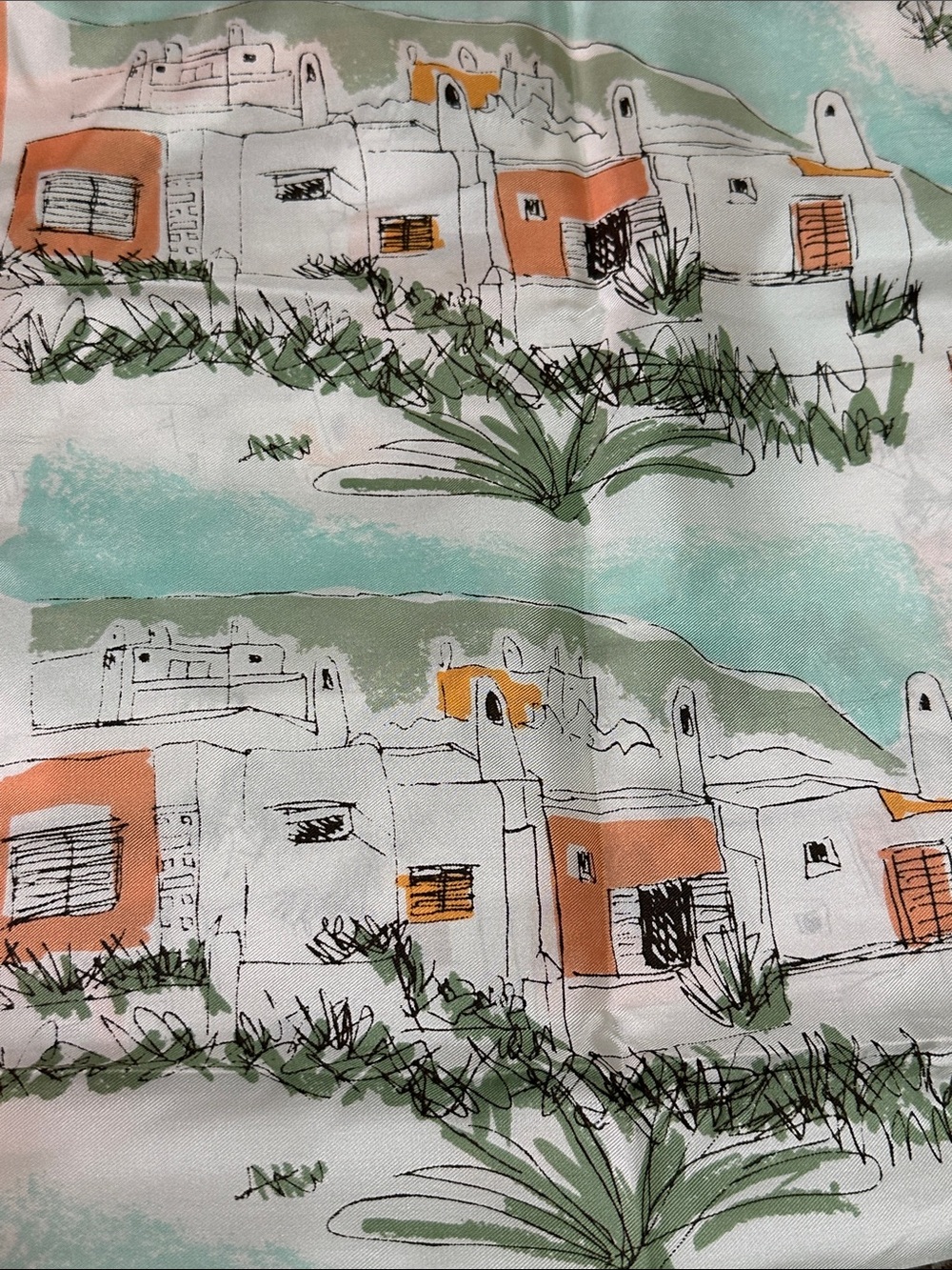 Vintage Vera Neumann Silk Scarf 29x29 Hand Rolled Made Japan Village Print - Picture 3 of 5